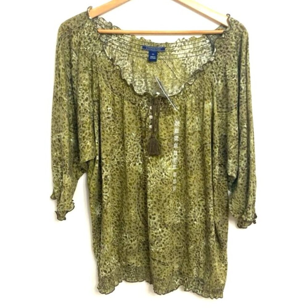 Bandolino Top Women's XXL Constance Olive Green Combo Animal Print S/S
